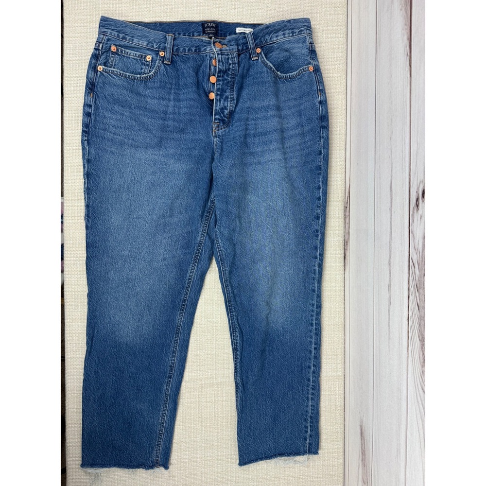 J.Crew High Rise Straight Jeans Premium Edition Cropped Medium Wash Raw Hem 32‎